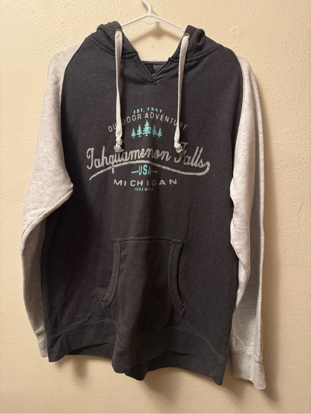 Tahquamenon Falls Michigan Outdoor Adventure Raglan Hoodie Charcoal Gray Sz XXL